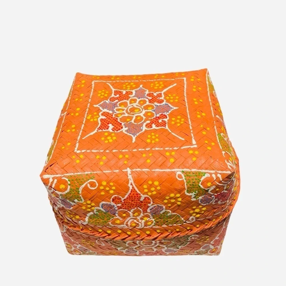 Vintage Indonesian Orange Hand Painted Woven Offering Basket with Lid 7”